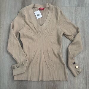 Guess Taupe V-Neck Ribbed Sweater